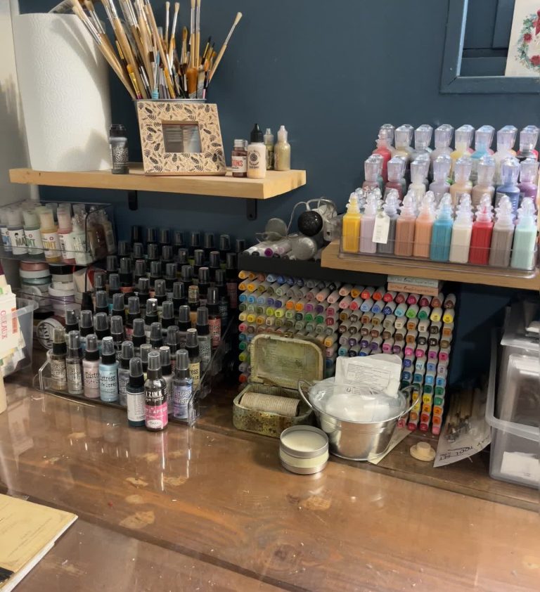 Plan de travail d'atelier avec pinceaux, pigments et flacons d'encre rangés sur une étagère en bois